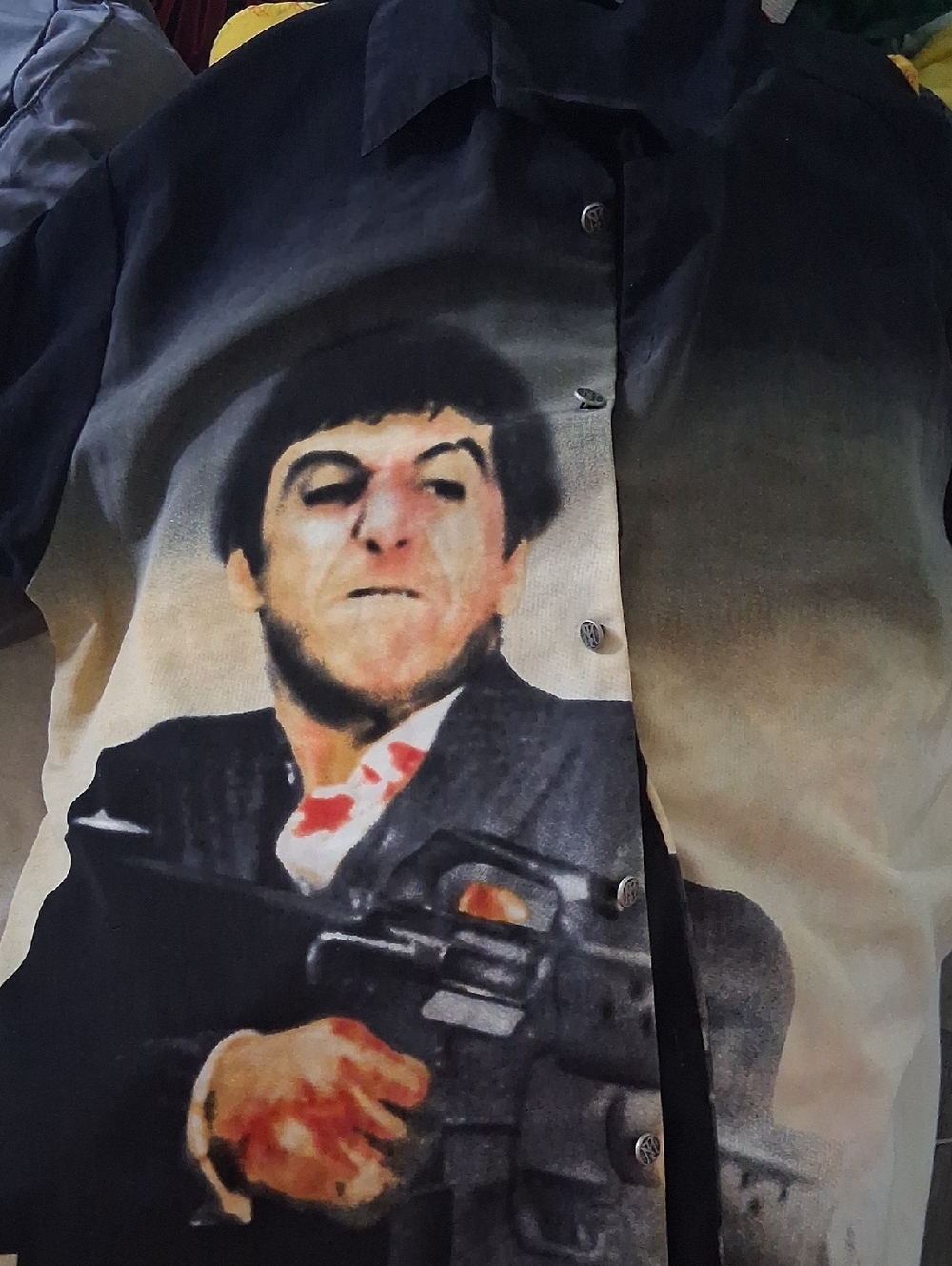 Scarface Graphic Print Button-Up Shirt in Black and Cream